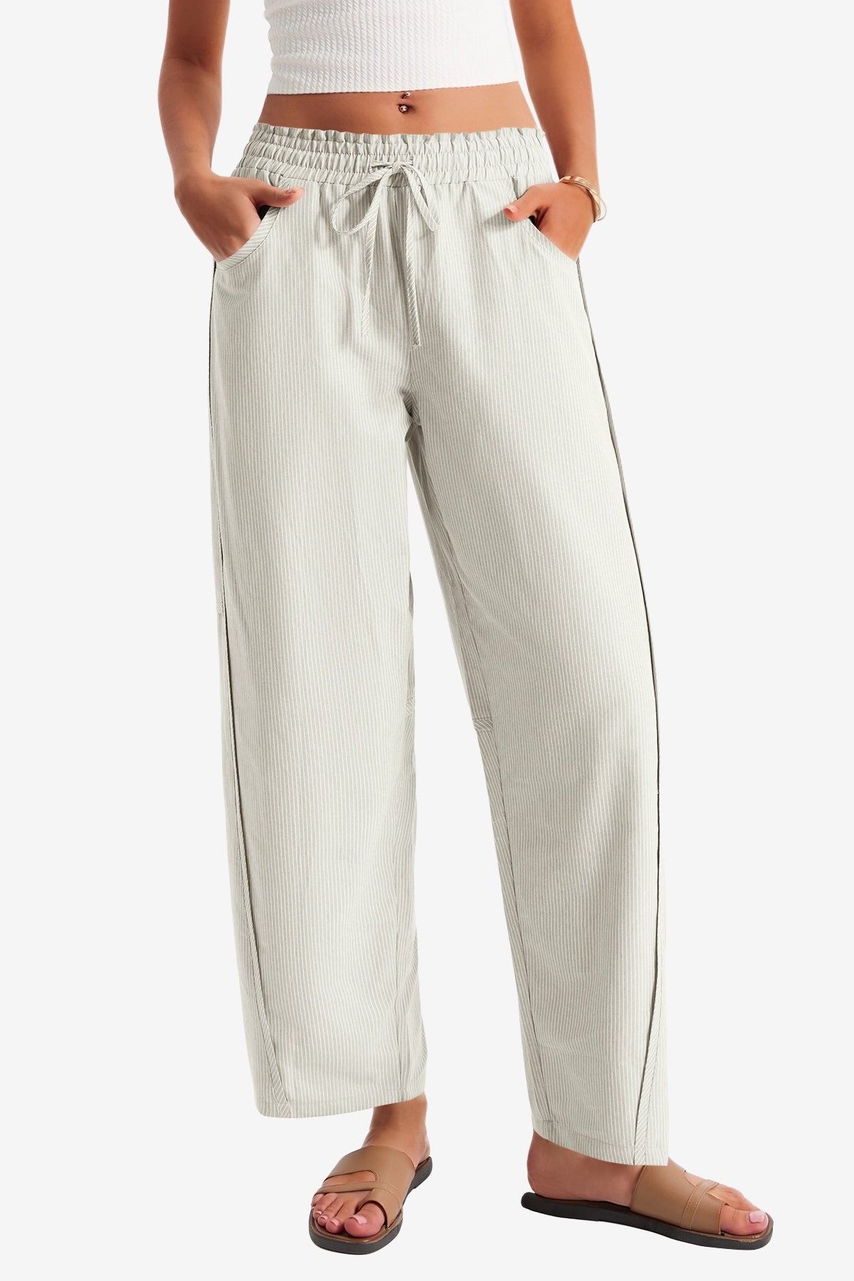 Womens Beige Wide Leg Striped Pants 1