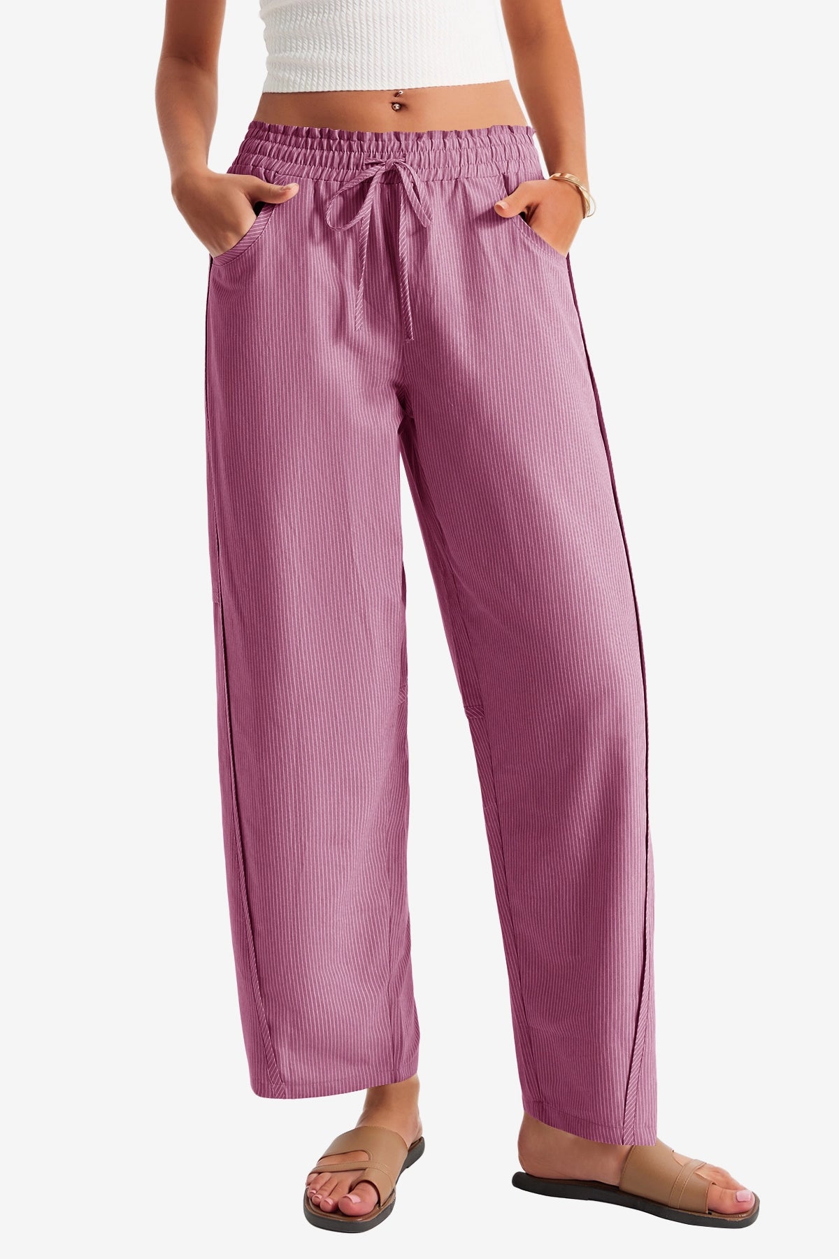 Womens Pink Stripes Wide Leg Striped Pants 1