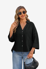Womens Black 3/4 Sleeve Striped Button Down Shirts 1