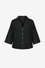 Womens Black 3/4 Sleeve Striped Button Down Shirts 2