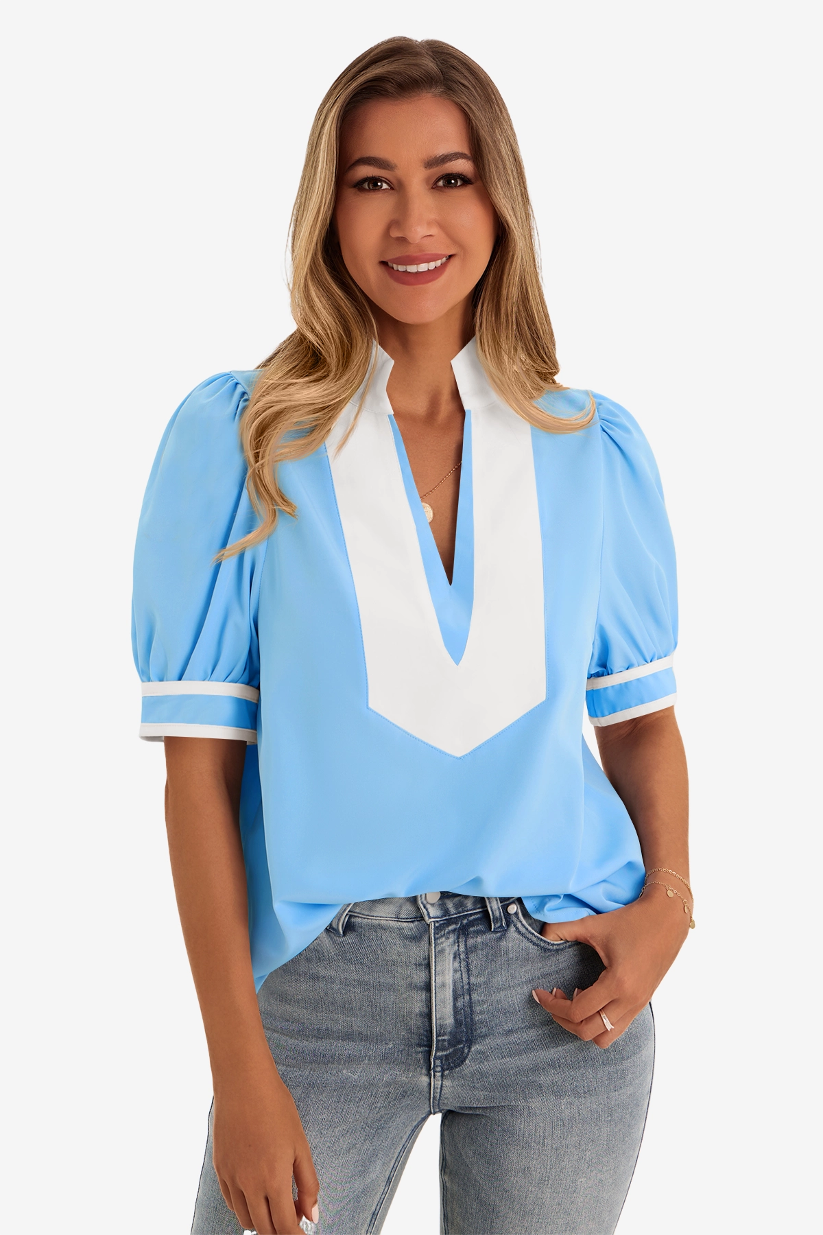 Womens Blue Color Blcok Puff Sleeve Blouses 1