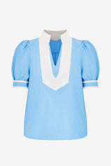 Womens Blue Color Blcok Puff Sleeve Blouses | CicyBell