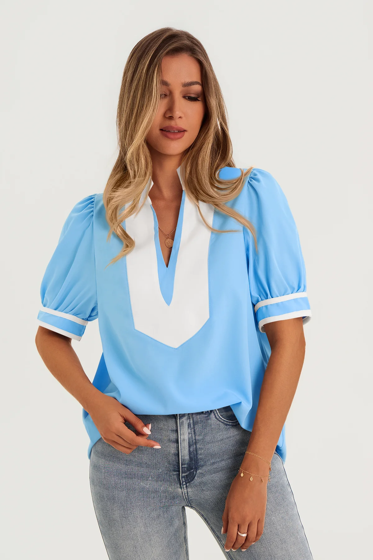 Womens Blue Color Blcok Puff Sleeve Blouses 2