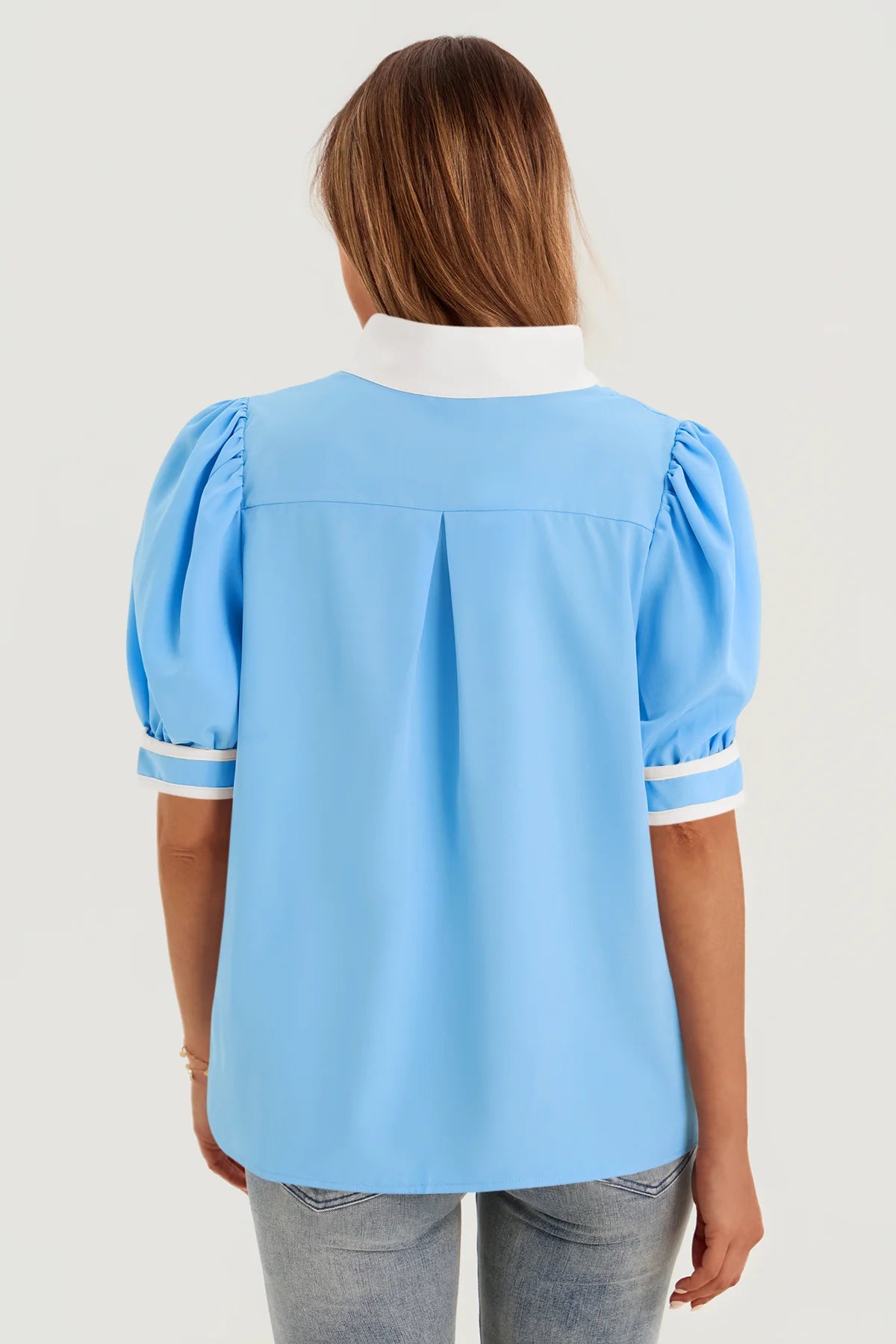 Womens Blue Color Blcok Puff Sleeve Blouses 3