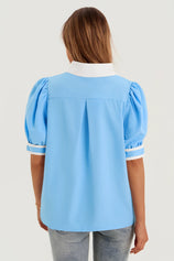 Womens Blue Color Blcok Puff Sleeve Blouses 3