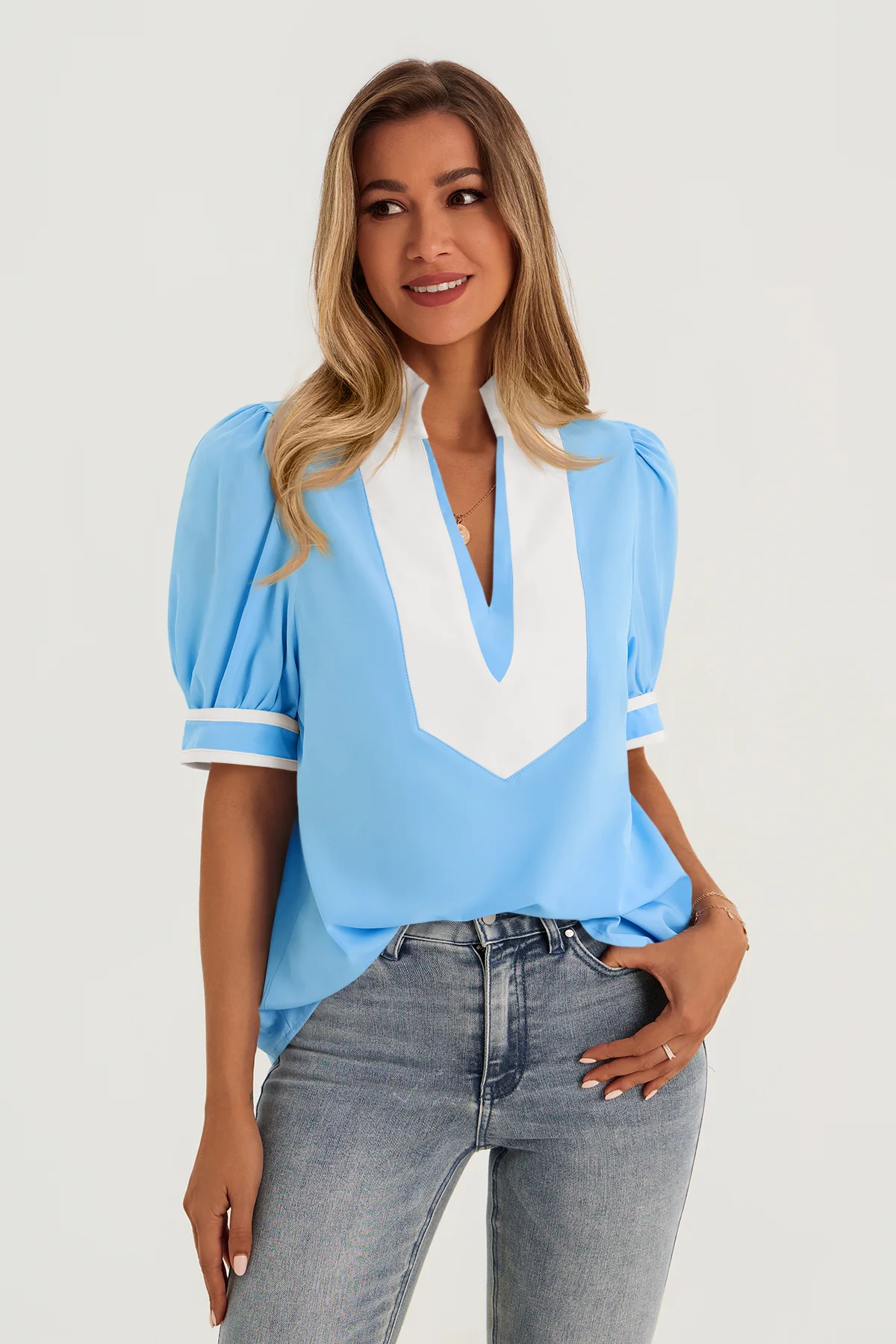 Womens Blue Color Blcok Puff Sleeve Blouses | CicyBell