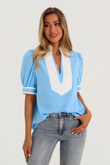 Womens Blue Color Blcok Puff Sleeve Blouses | CicyBell