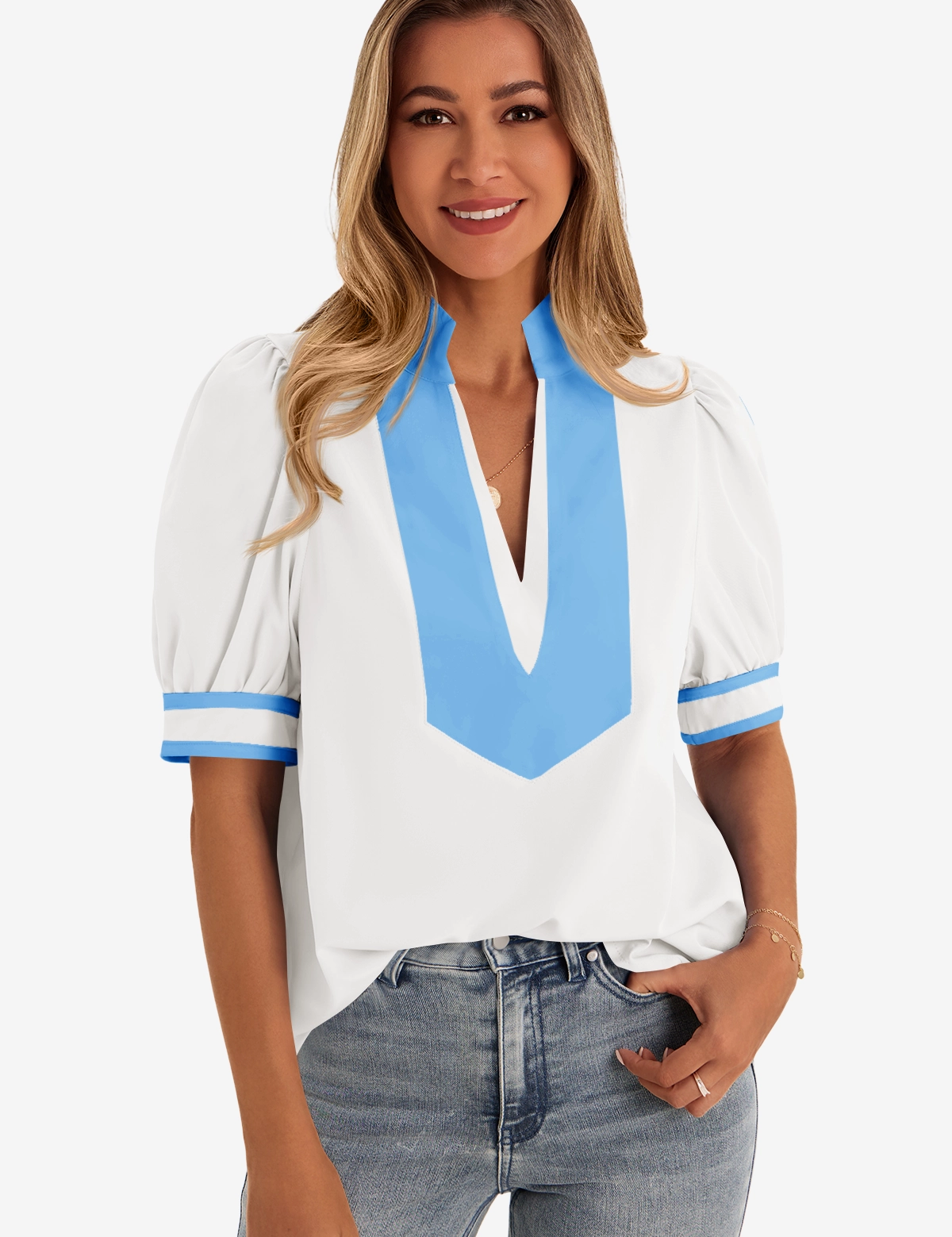 Womens White Color Blcok Puff Sleeve Blouses 1
