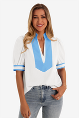 Womens White Color Blcok Puff Sleeve Blouses 1