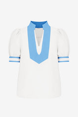Womens White Color Blcok Puff Sleeve Blouses | CicyBell