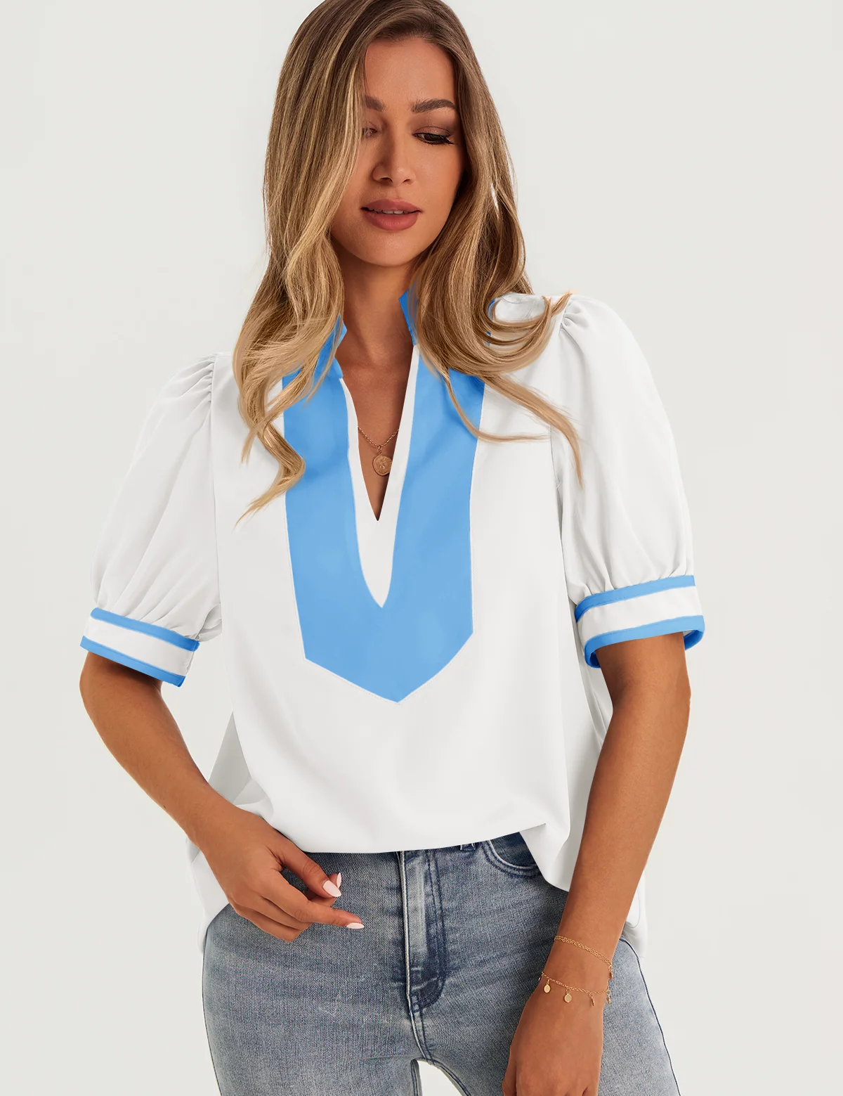 Womens White Color Blcok Puff Sleeve Blouses 2