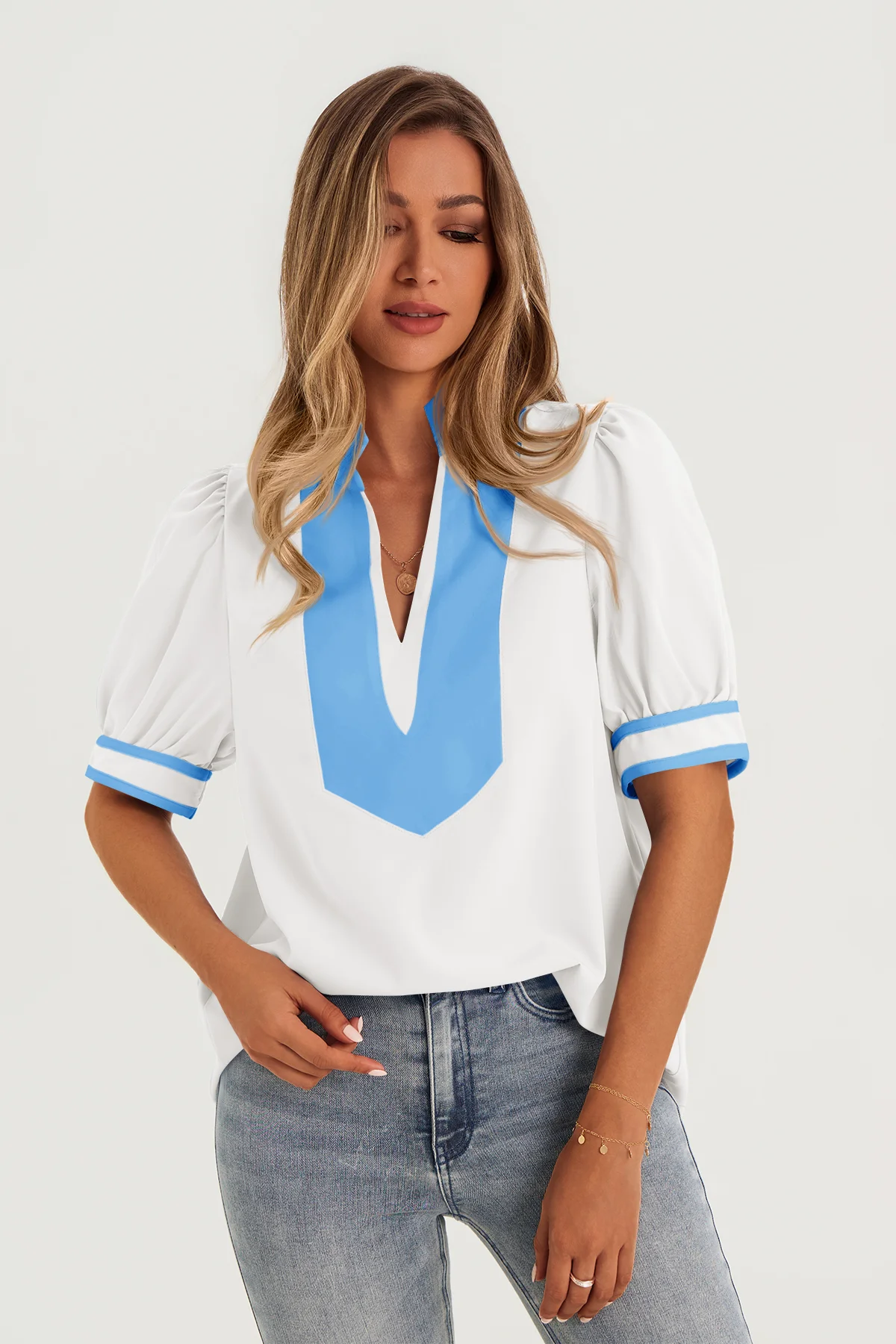 Womens White Color Blcok Puff Sleeve Blouses 2