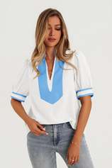Womens White Color Blcok Puff Sleeve Blouses 2