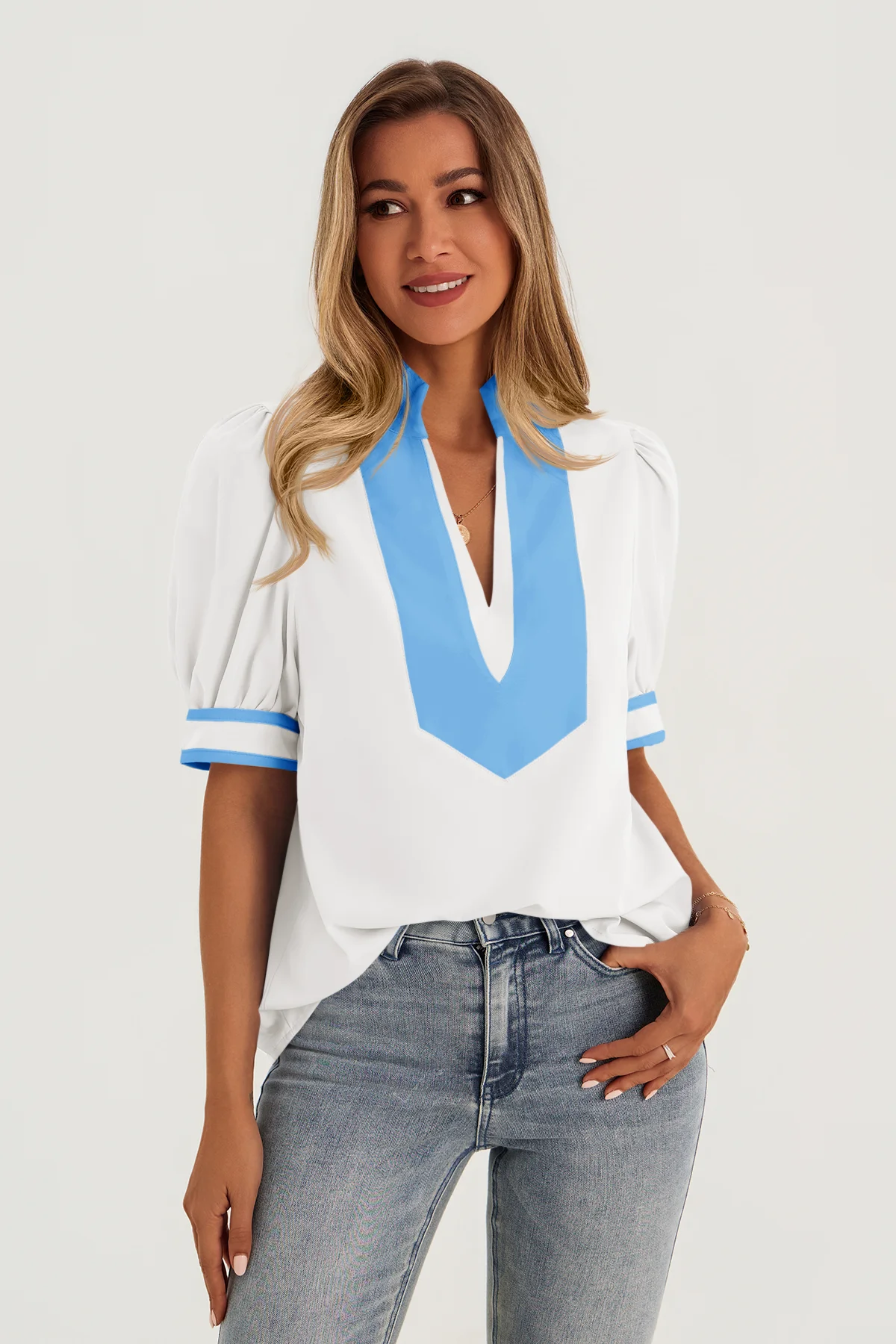 Womens White Color Blcok Puff Sleeve Blouses | CicyBell