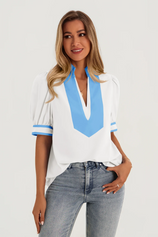 Womens White Color Blcok Puff Sleeve Blouses | CicyBell