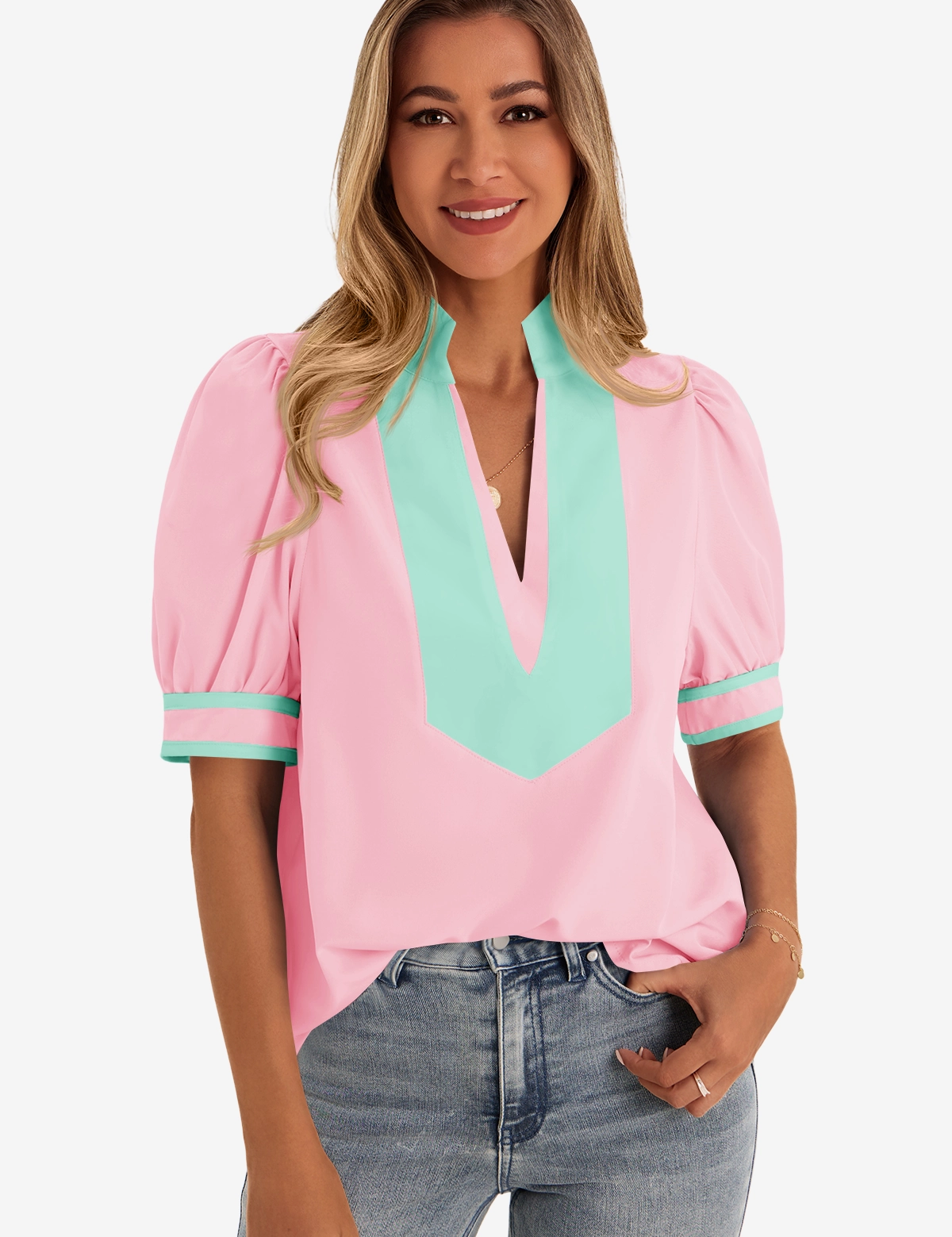 Womens Pink Color Blcok Puff Sleeve Blouses 1