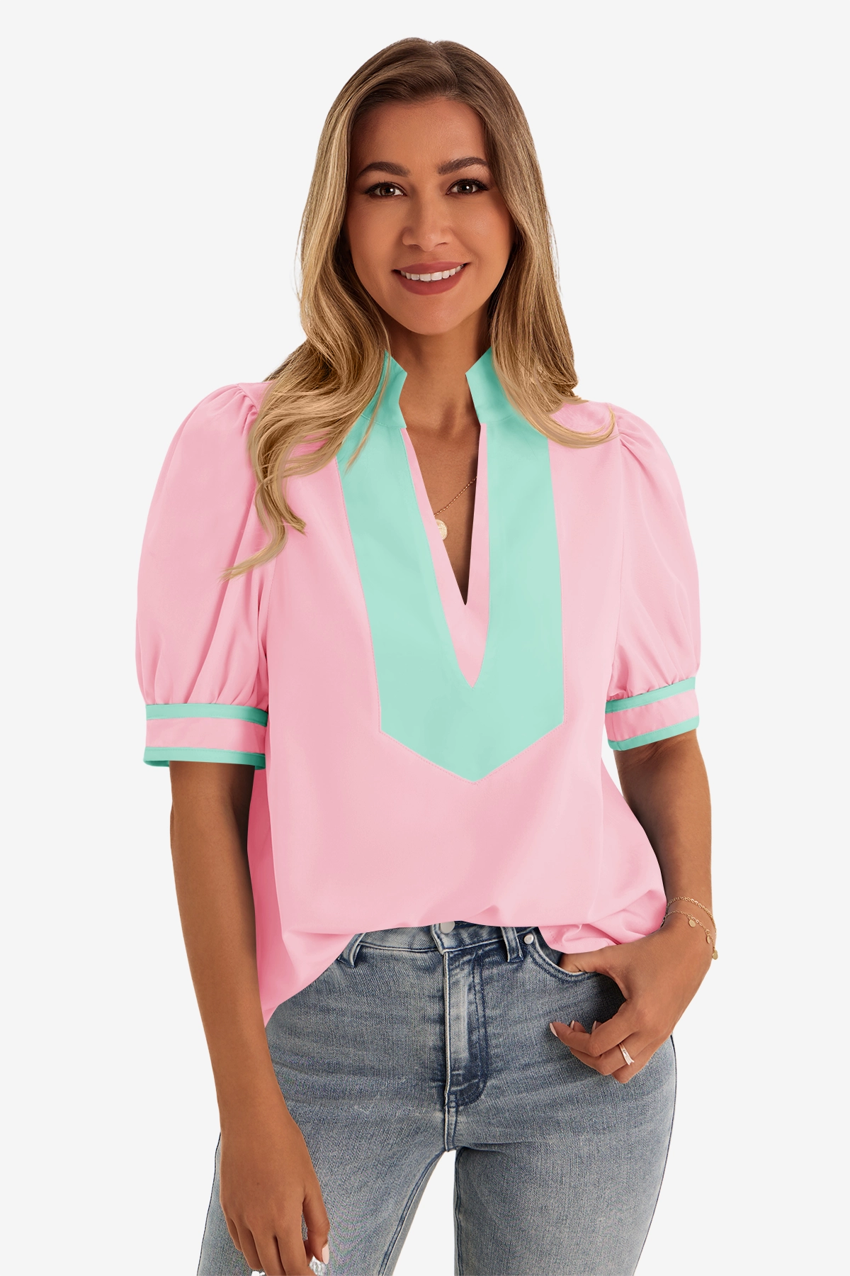 Womens Pink Color Blcok Puff Sleeve Blouses 1
