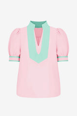 Womens Pink Color Blcok Puff Sleeve Blouses | CicyBell