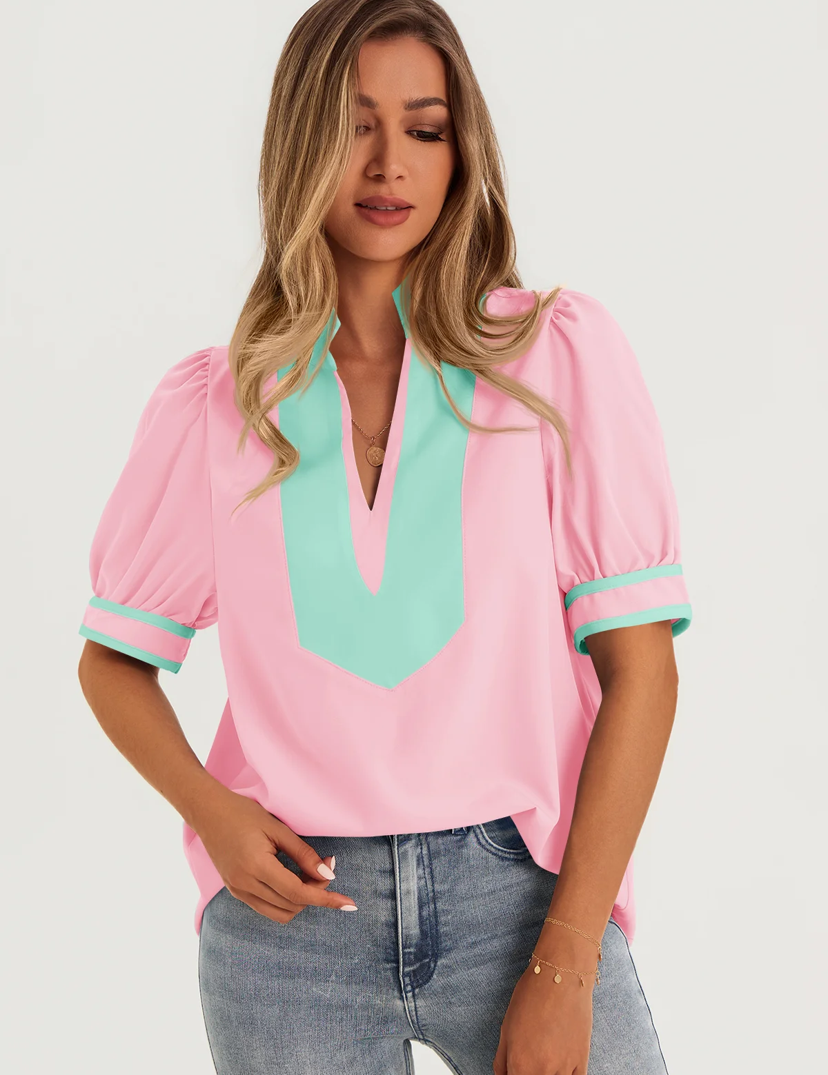 Womens Pink Color Blcok Puff Sleeve Blouses 2