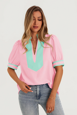 Womens Pink Color Blcok Puff Sleeve Blouses 2