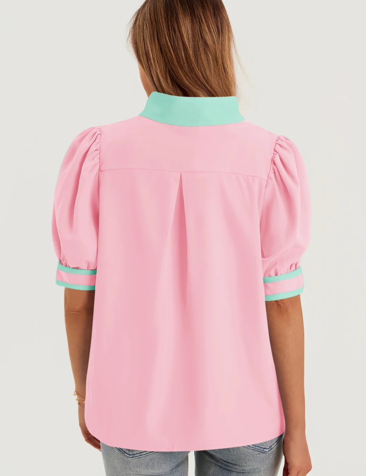 Womens Pink Color Blcok Puff Sleeve Blouses 3