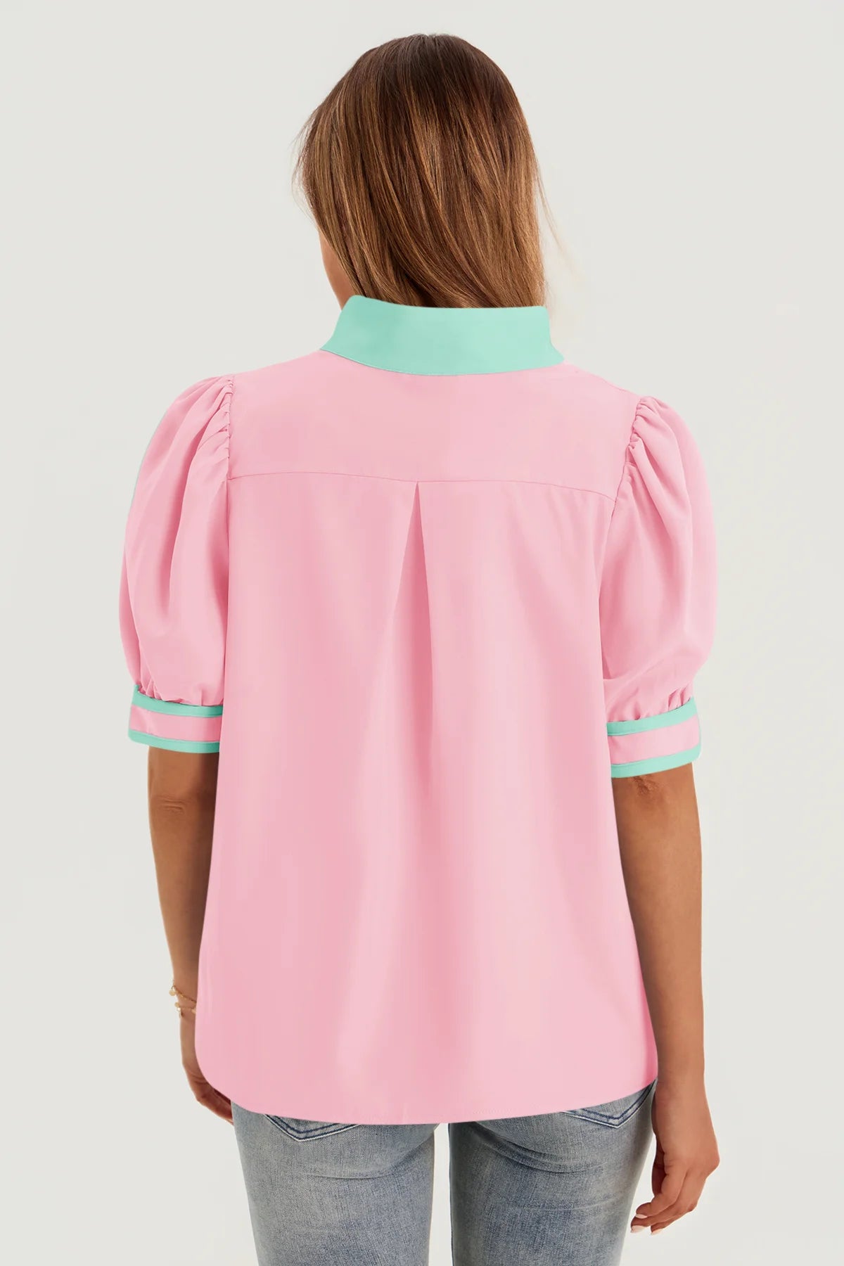 Womens Pink Color Blcok Puff Sleeve Blouses 3