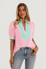 Womens Pink Color Blcok Puff Sleeve Blouses | CicyBell
