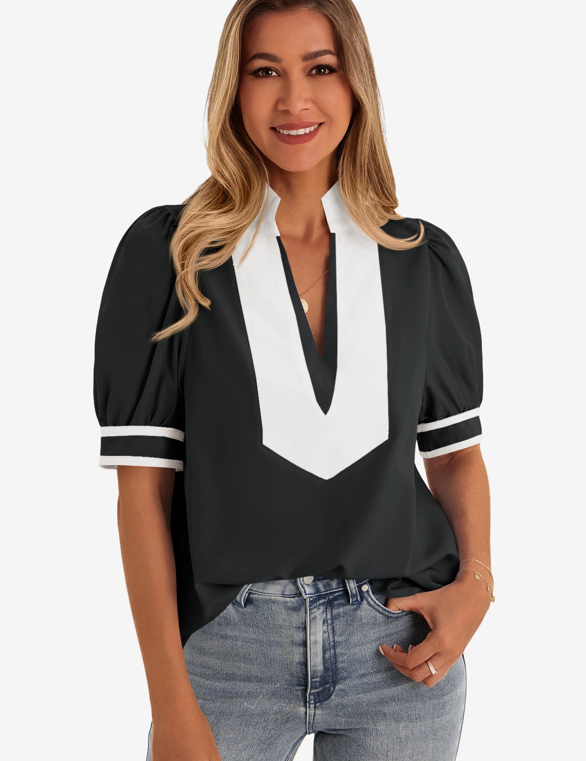 Womens  Black Color Blcok Puff Sleeve Blouses 1