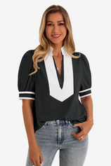Womens  Black Color Blcok Puff Sleeve Blouses 1