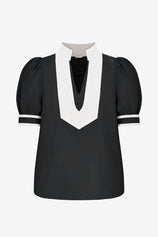 Womens  Black Color Blcok Puff Sleeve Blouses | CicyBell