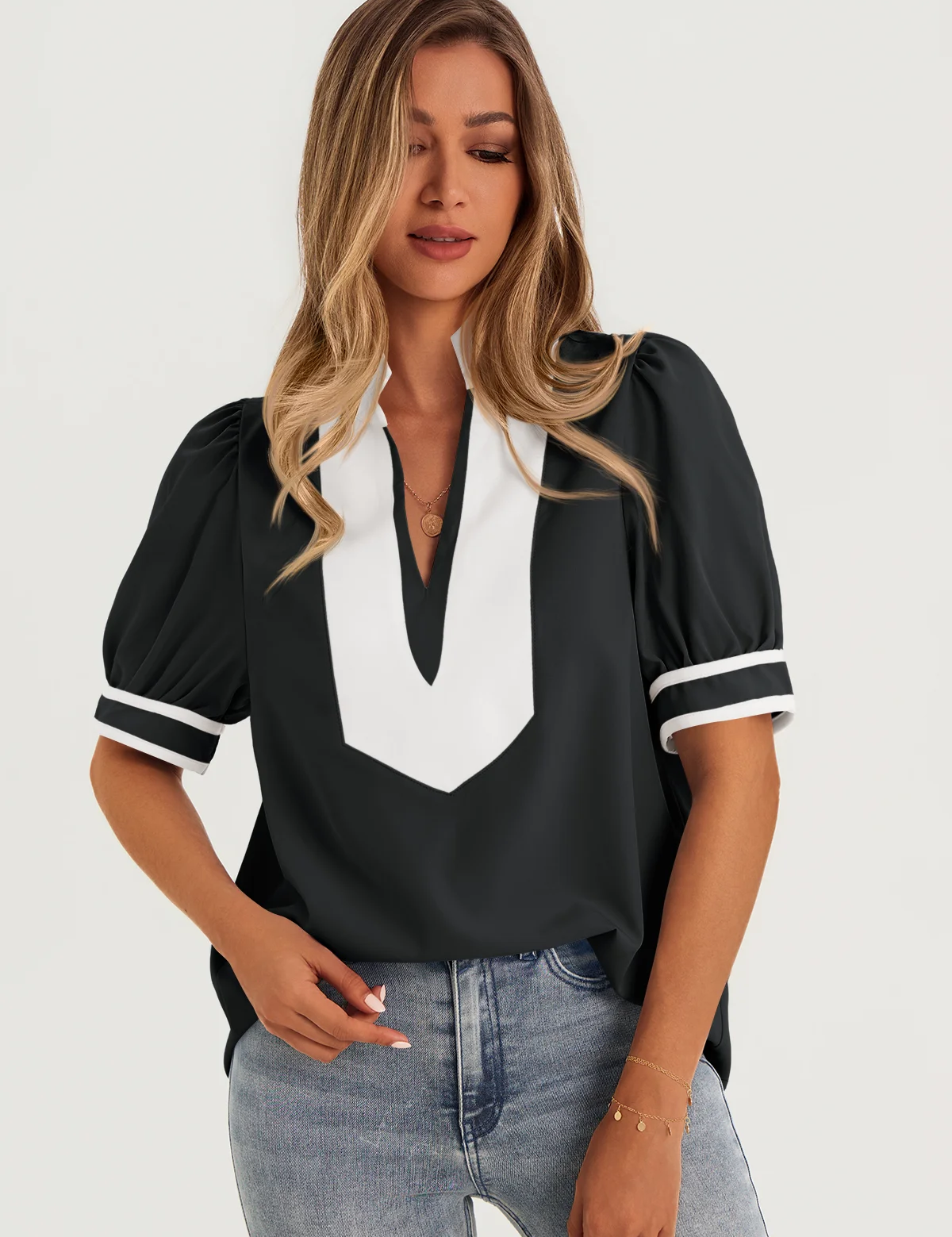 Womens  Black Color Blcok Puff Sleeve Blouses 2