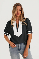 Womens  Black Color Blcok Puff Sleeve Blouses 2