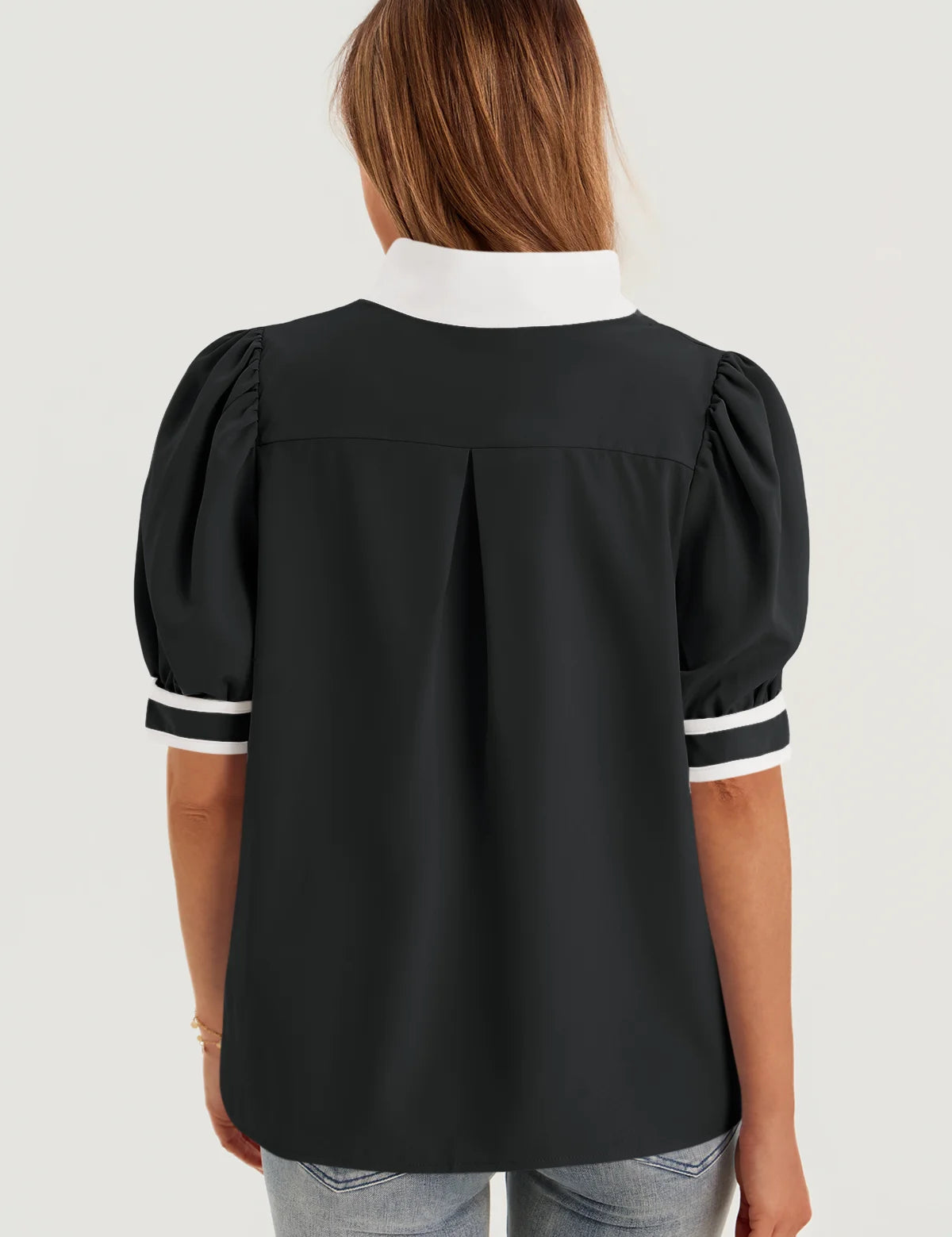 Womens  Black Color Blcok Puff Sleeve Blouses 3