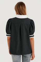Womens  Black Color Blcok Puff Sleeve Blouses 3