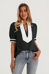 Womens  Black Color Blcok Puff Sleeve Blouses | CicyBell