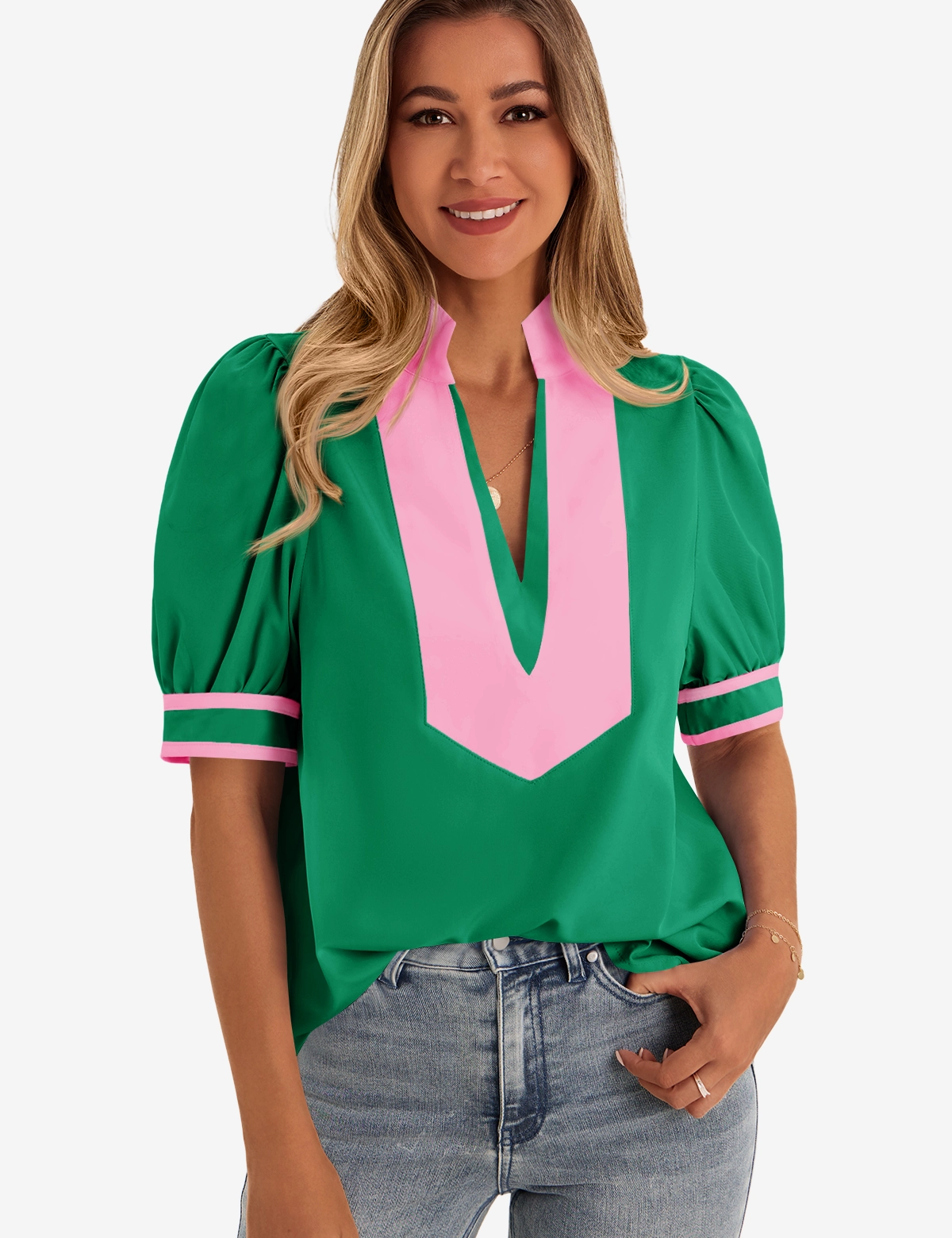 Womens Green Color Blcok Puff Sleeve Blouses 1