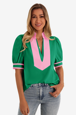 Womens Green Color Blcok Puff Sleeve Blouses 1