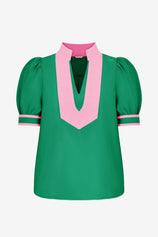 Womens Green Color Blcok Puff Sleeve Blouses | CicyBell