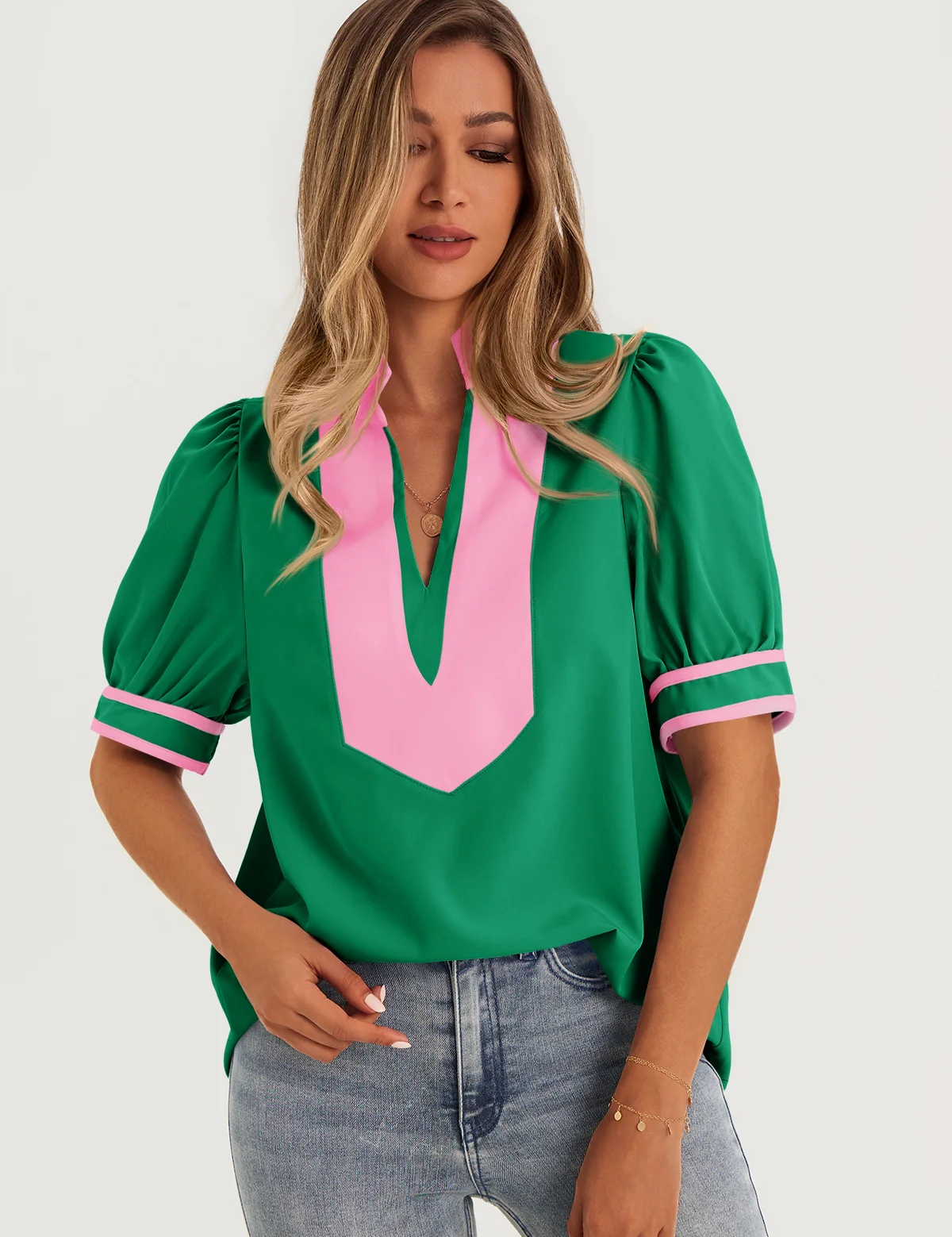 Womens Green Color Blcok Puff Sleeve Blouses 2