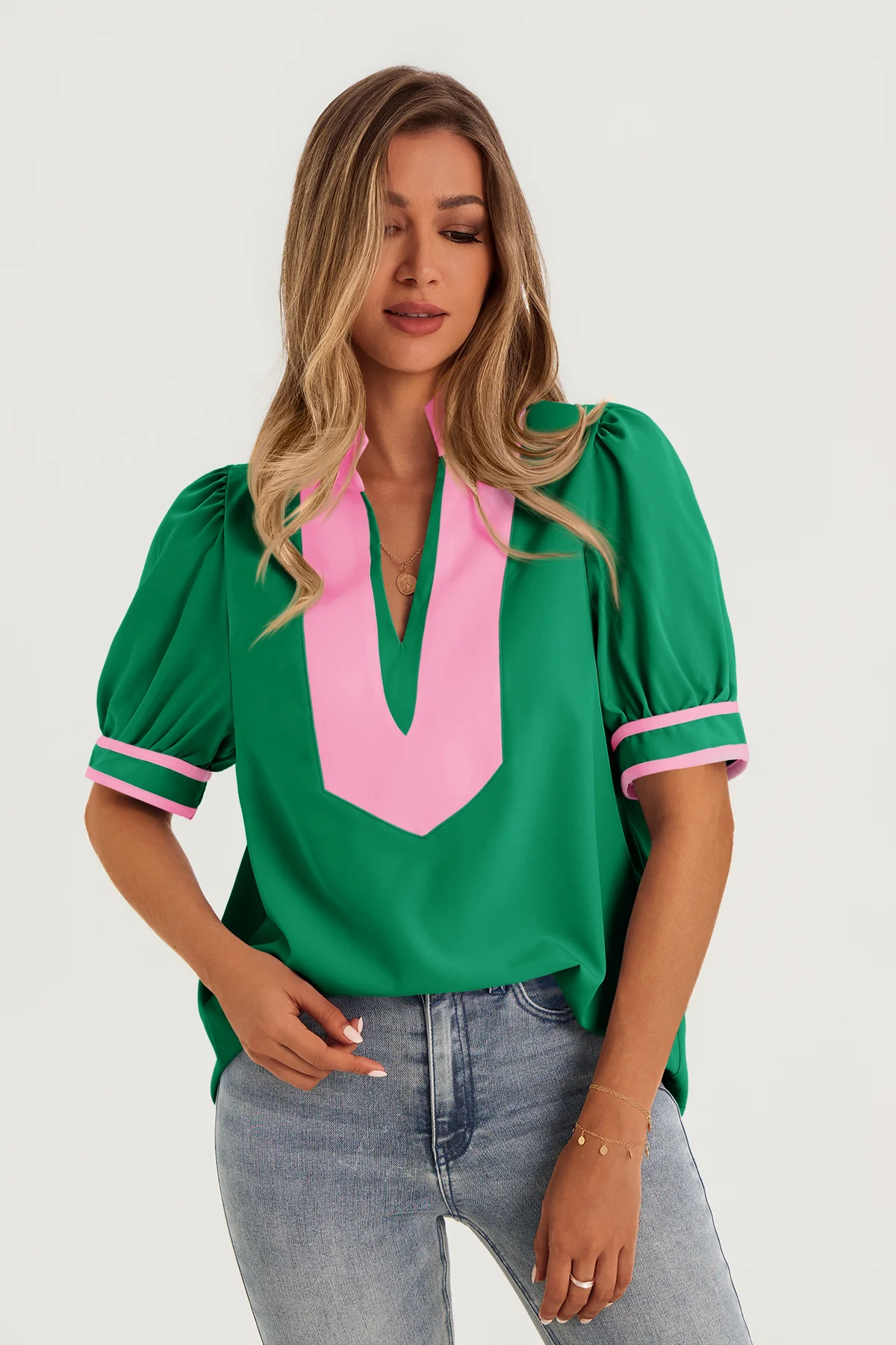 Womens Green Color Blcok Puff Sleeve Blouses 2