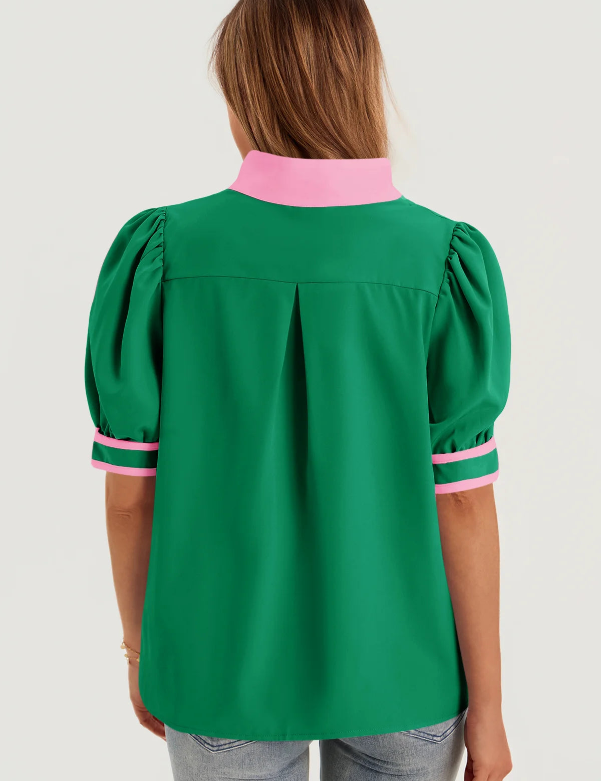 Womens Green Color Blcok Puff Sleeve Blouses 3