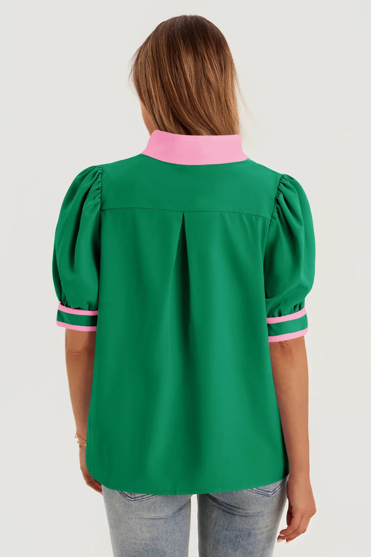 Womens Green Color Blcok Puff Sleeve Blouses 3