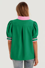 Womens Green Color Blcok Puff Sleeve Blouses 3