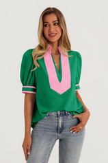 Womens Green Color Blcok Puff Sleeve Blouses | CicyBell