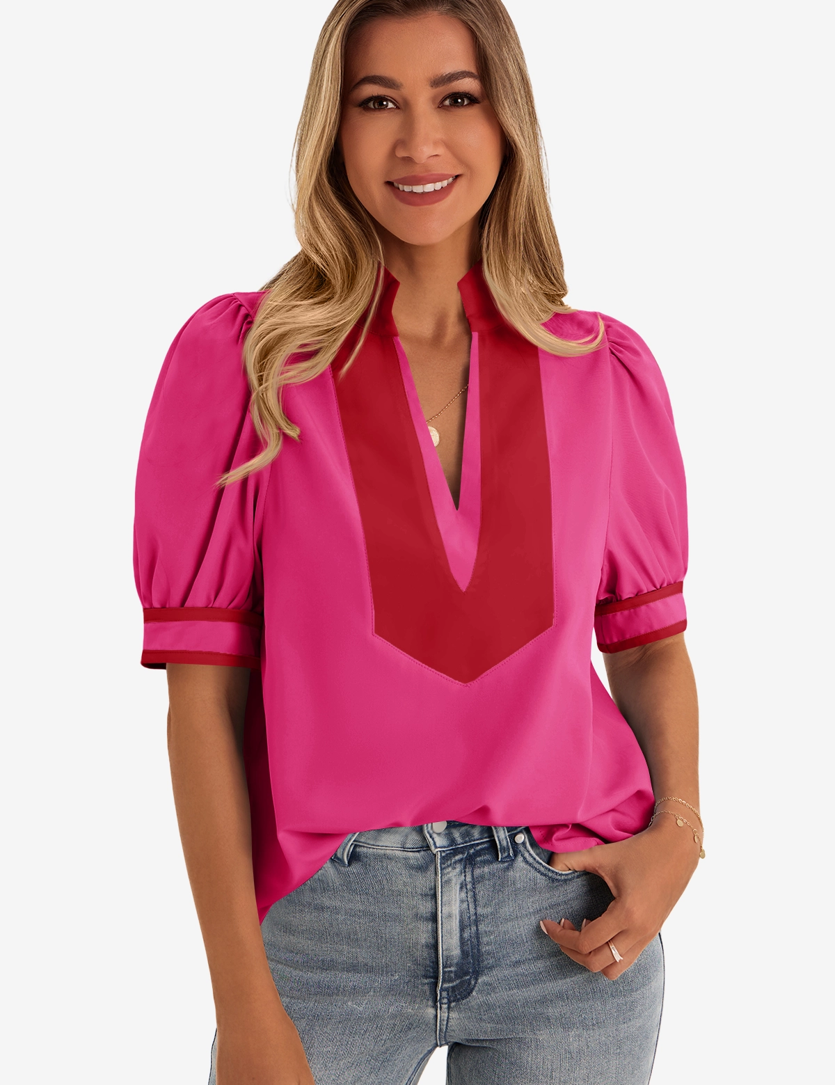 Womens Rose Red Color Blcok Puff Sleeve Blouses 1
