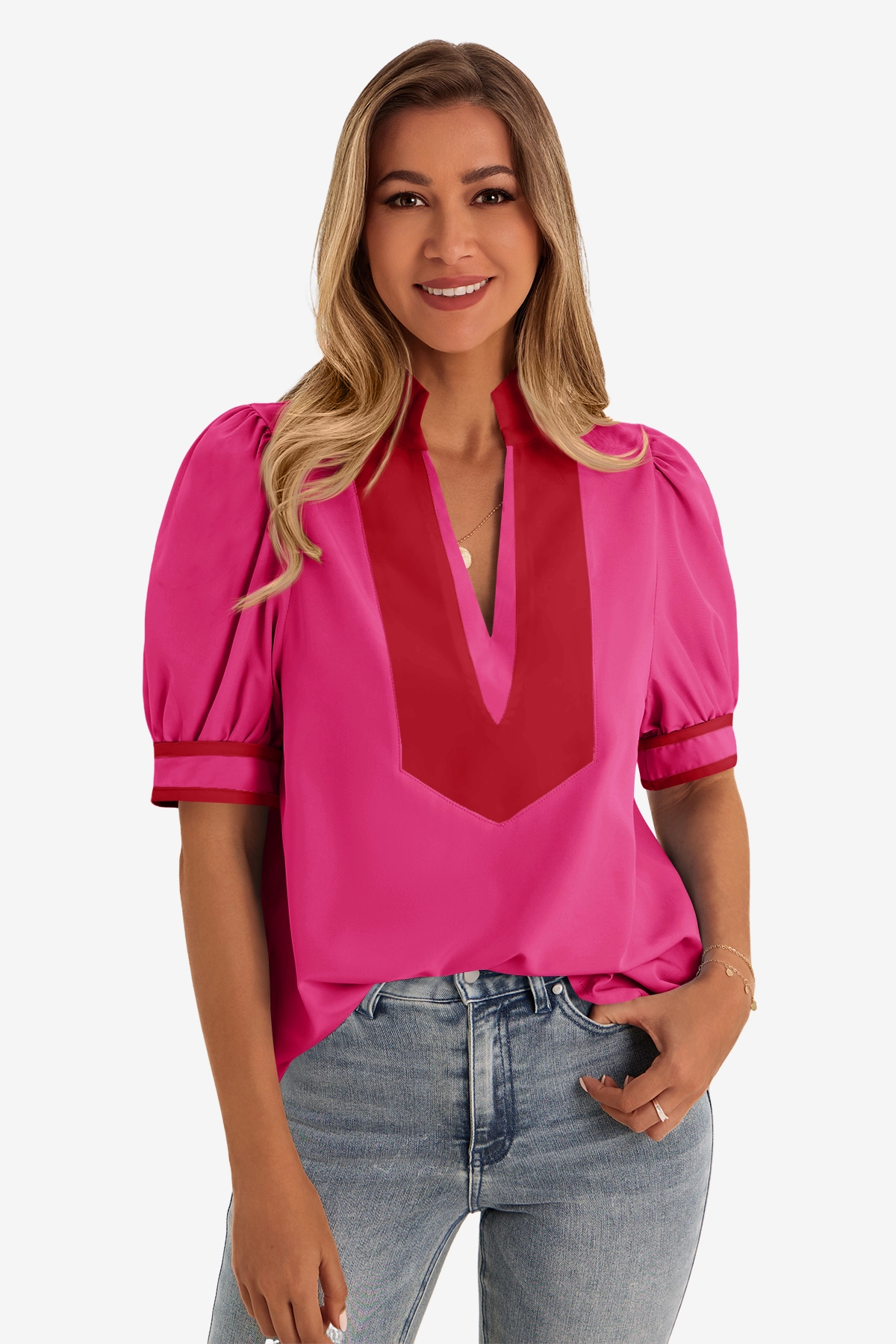 Womens Rose Red Color Blcok Puff Sleeve Blouses 1