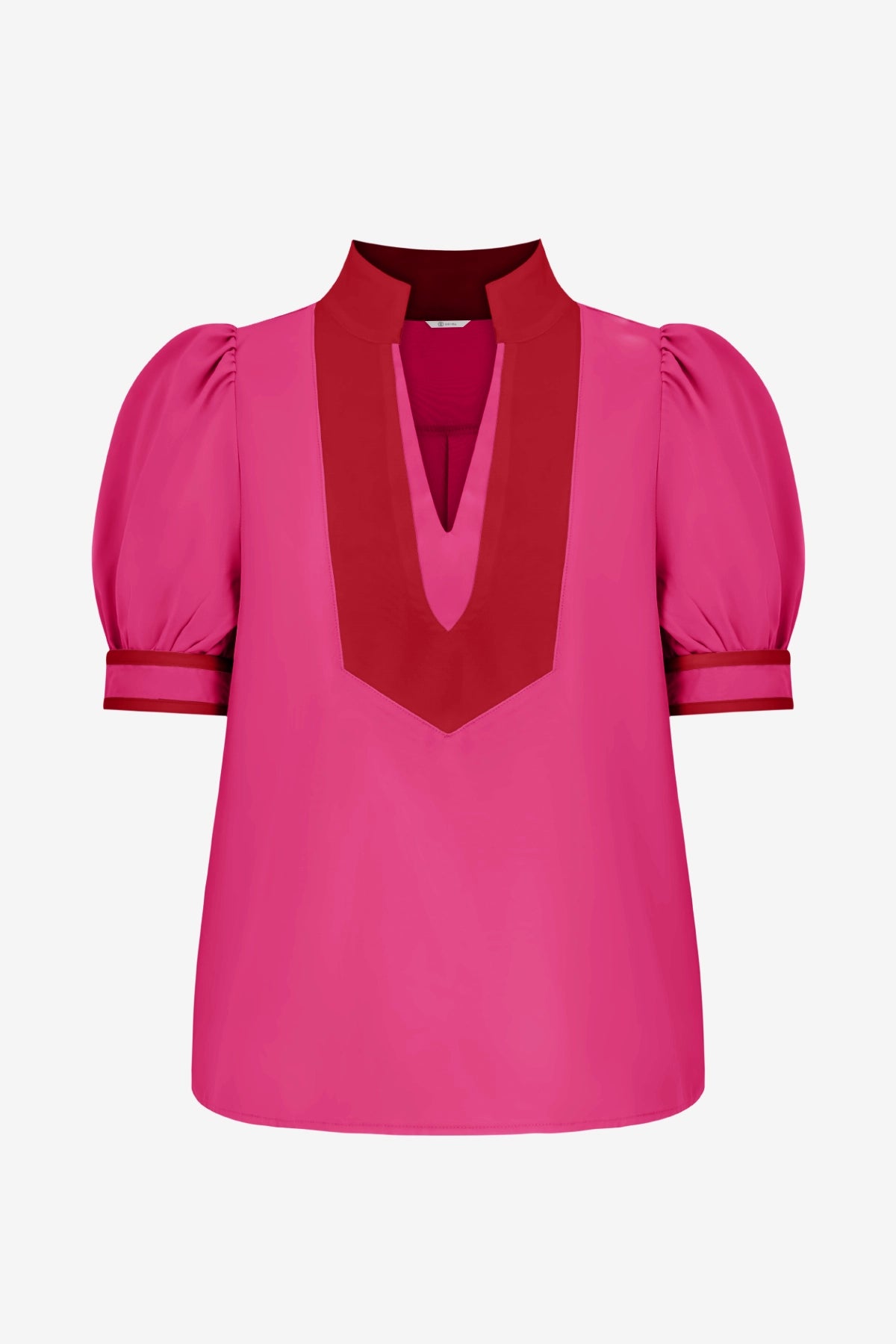 Womens Rose Red Color Blcok Puff Sleeve Blouses | CicyBell