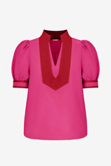 Womens Rose Red Color Blcok Puff Sleeve Blouses | CicyBell
