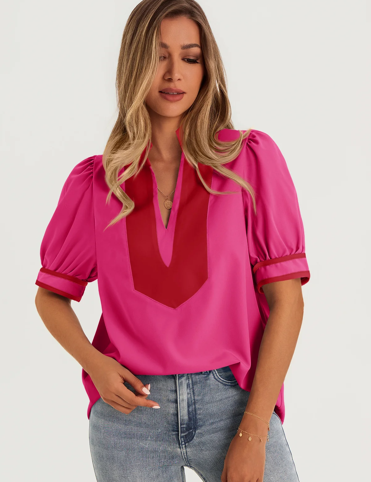 Womens Rose Red Color Blcok Puff Sleeve Blouses 2