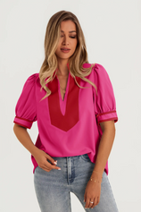 Womens Rose Red Color Blcok Puff Sleeve Blouses 2